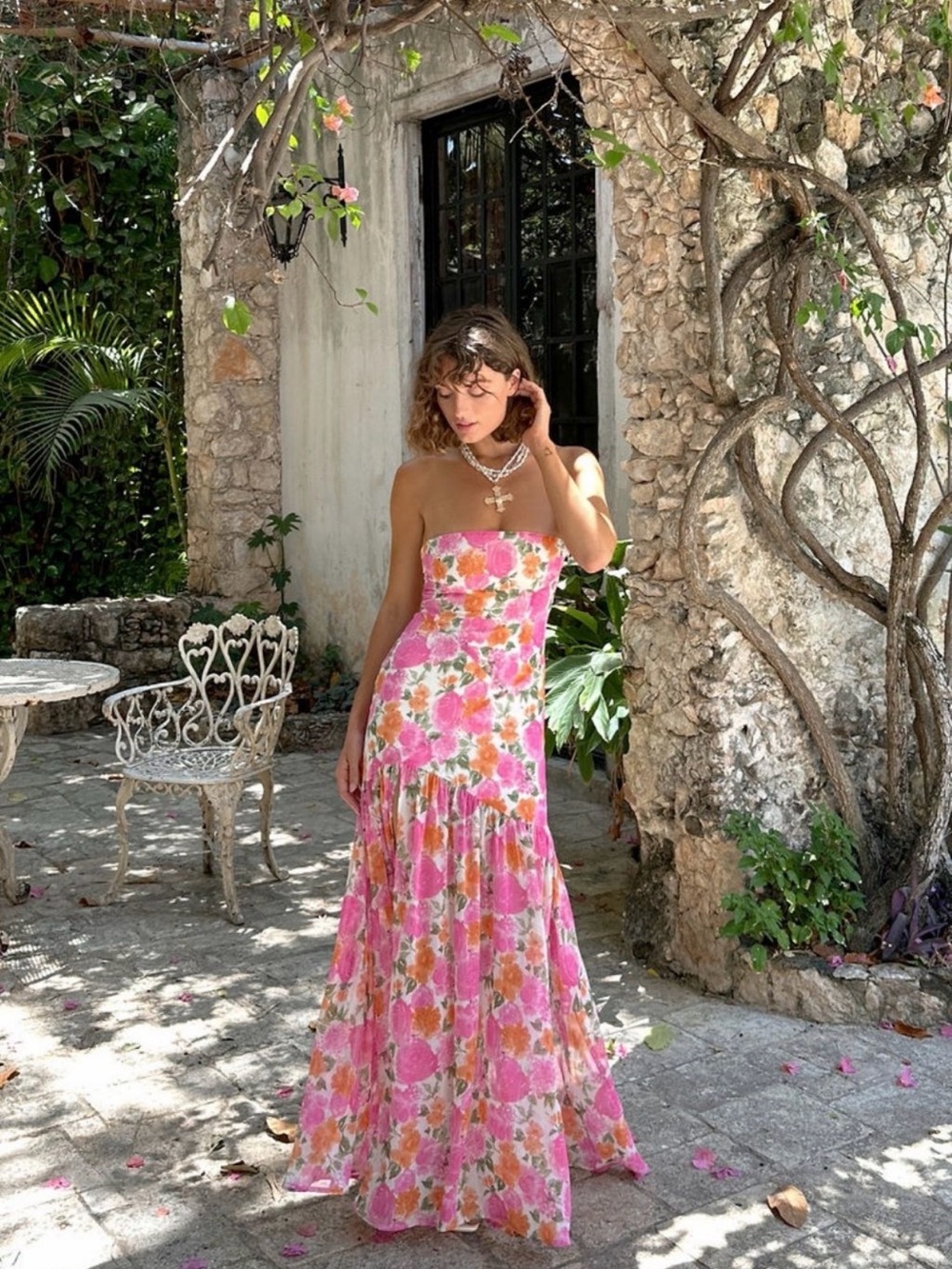 12th Tribe LaBelle Strapless Floral Maxi Dress in Pink and Orange